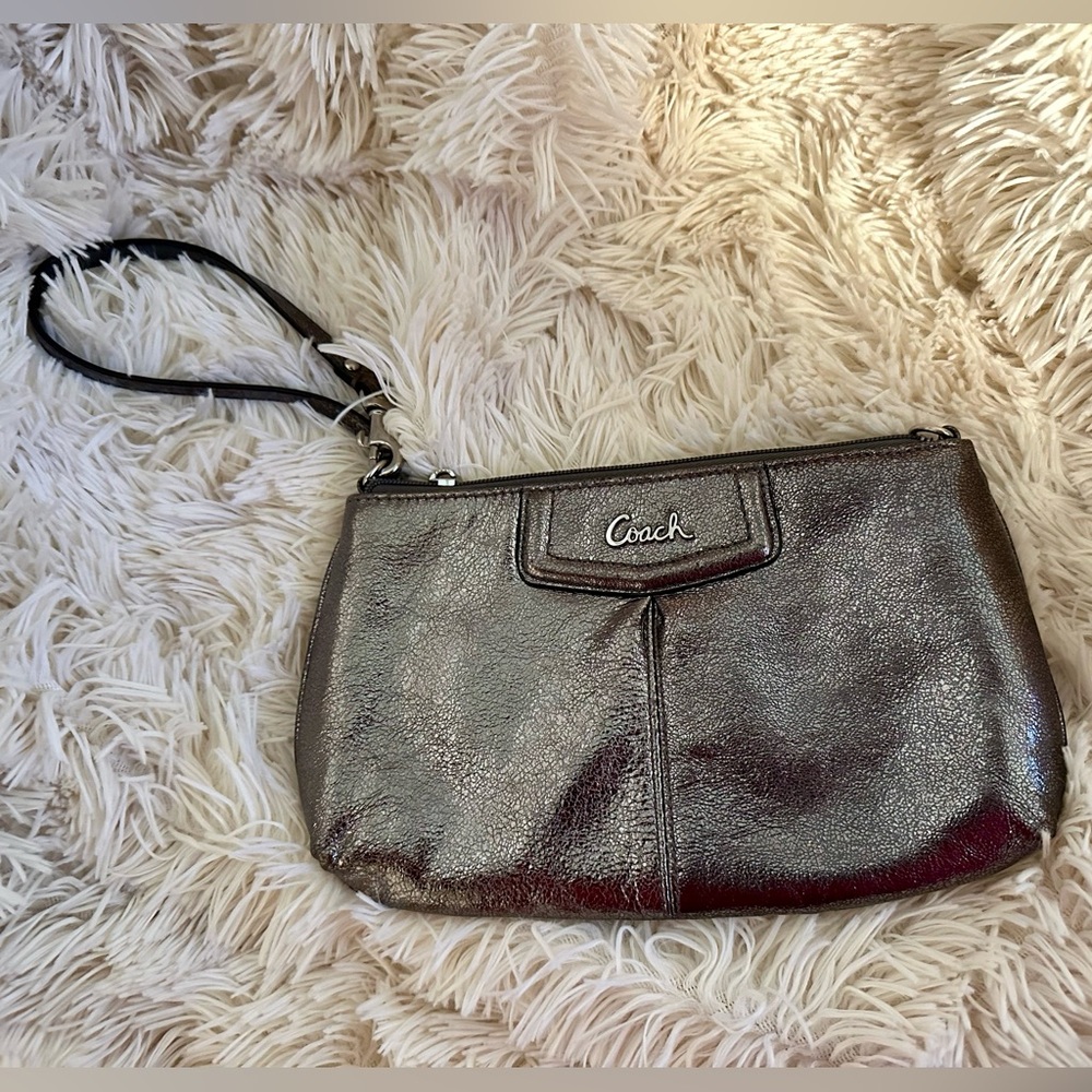 Coach Metallic Silver Ashley Leather Large Wristlet